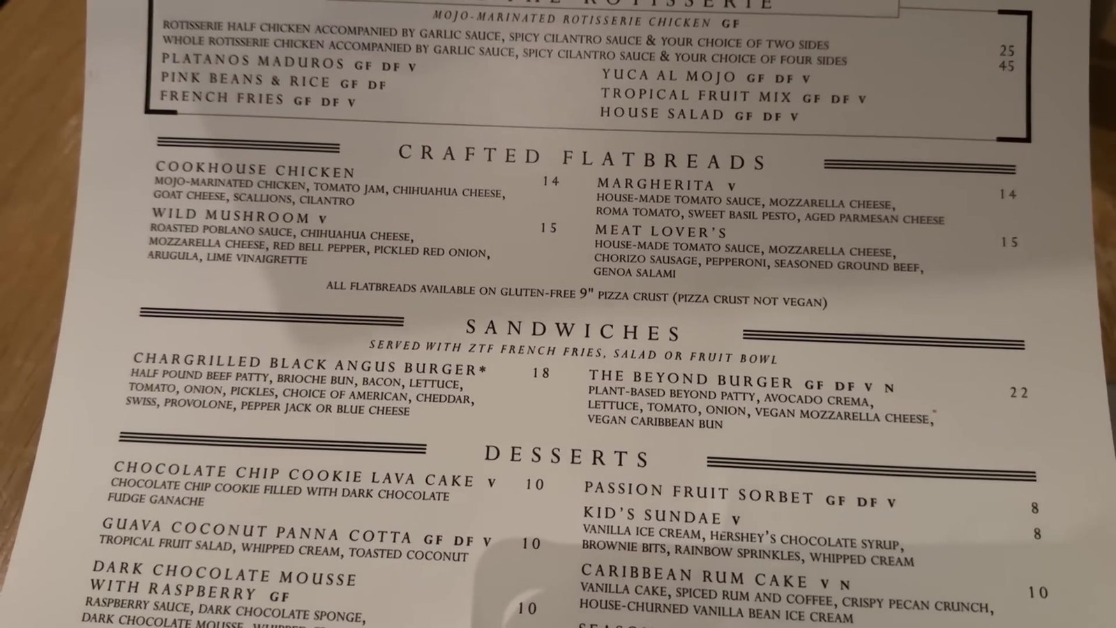 Cardápio do Amatista Cookhouse com flatbreads, sanduíches e sobremesas e os preços em dólar