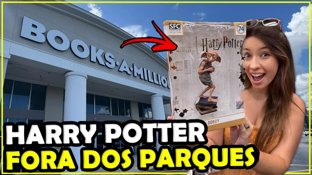 Gabi com a estátua do Dobby na frente da Books-A-Million de Orlando