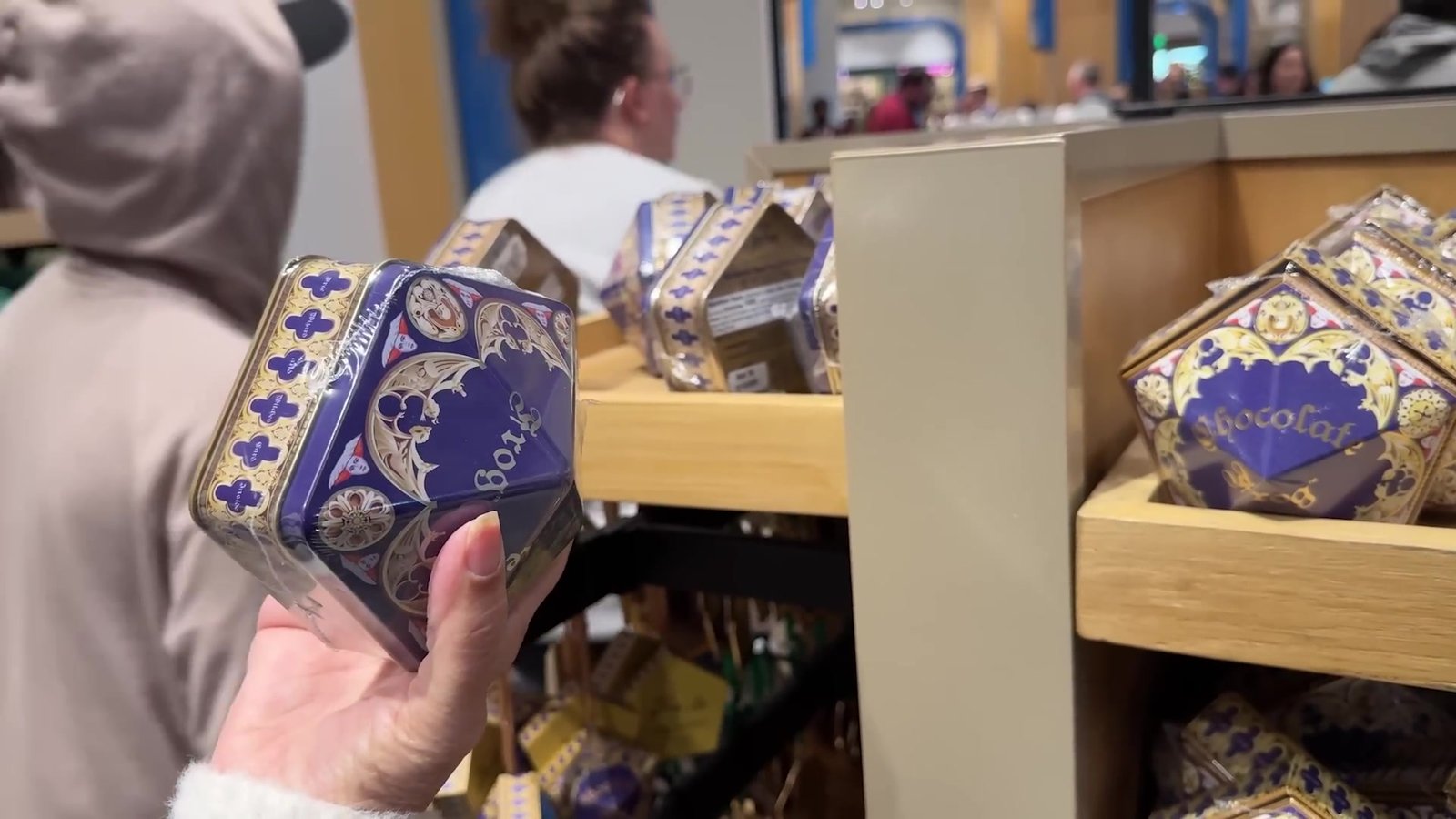 Caixas do sapo de chocolate de Harry Potter na mão, na loja da Universal